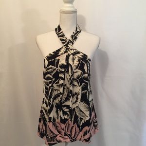 Express palm print halter top Hawaiian black white